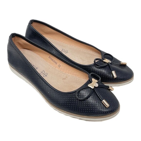 T.TACCARDI Size 35 Black Perforated Ballet Flats Shoes Bow Comfort - Picture 1 of 7